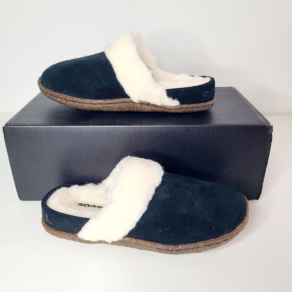 SOREL Womens 5 NAKISKA SLIDE II SLIPPER Black Fuzzy lined NEW‎